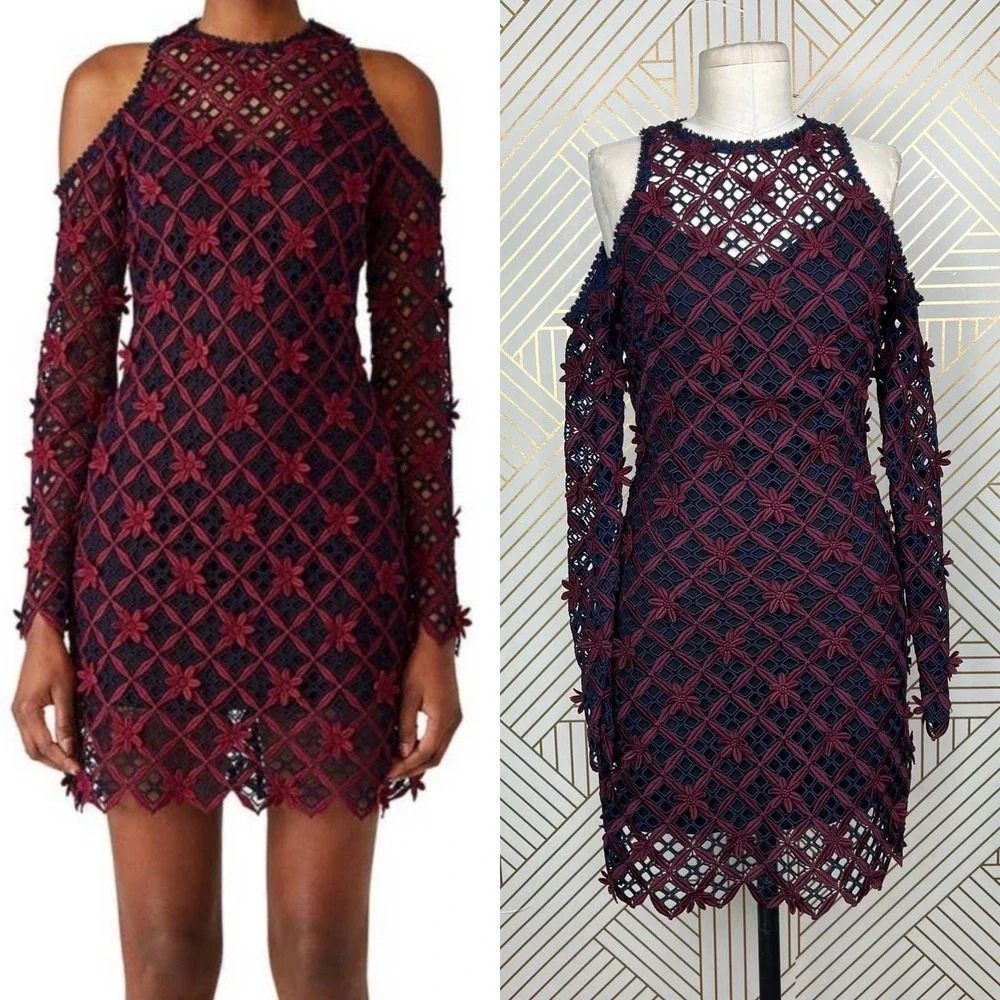 Self-Portrait Floral Grid Cold Shoulder Dress in Navy Blue Burgundy Size US 0
